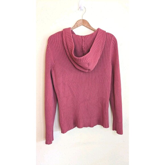 Bass Women's Cardigan Size Medium Hooded Button Up Cable Knit Long Raspberry - Picture 2 of 12